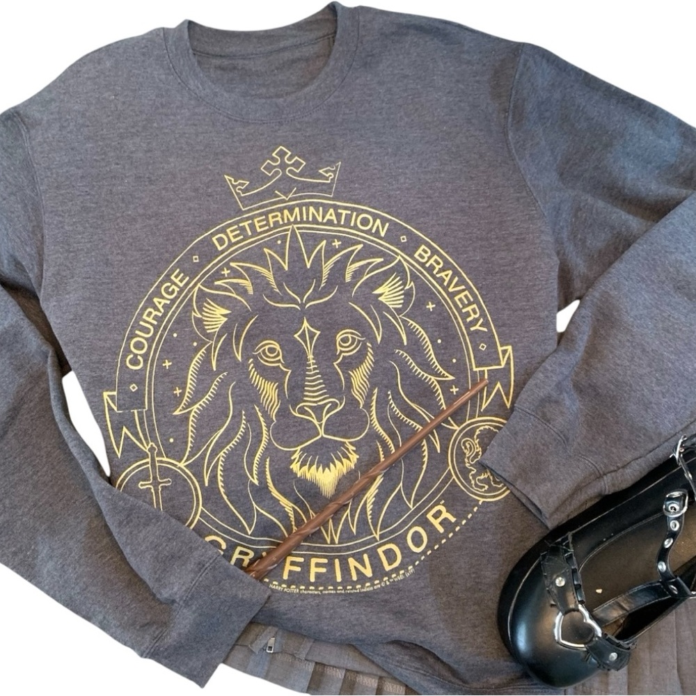 Unisex Harry Potter Line Art Gryffindor Seal Sweatshirt Gray and Gold- L